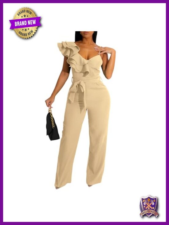 Pants - Ruffle One Shoulder Jumpsuit with Pockets, Wide Leg, Adjustable Strap, V-Neck,